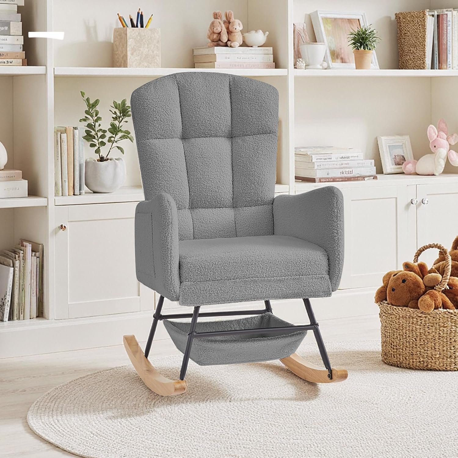 Teddy Upholstered Rocking Chair,Indoor Glider Chair with High Backrest and Side Pockets, Accent Arm Chair with Storage Bag for Living Room. (Grey)
