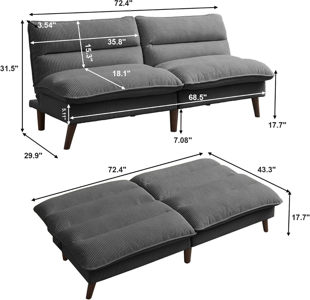 72' Futon Sofa Bed, Futon Couch with Adjustable Backrest, Recliner Small Loveseat for Living Room, Office, Apartment, Corduroy Loveseat, Dark Grey