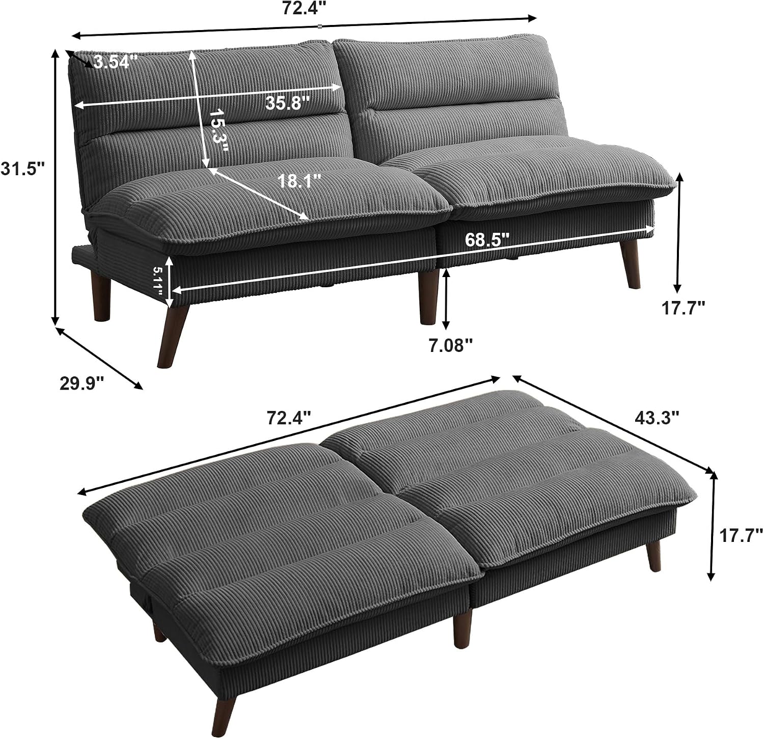 72' Futon Sofa Bed, Futon Couch with Adjustable Backrest, Recliner Small Loveseat for Living Room, Office, Apartment, Corduroy Loveseat, Dark Grey