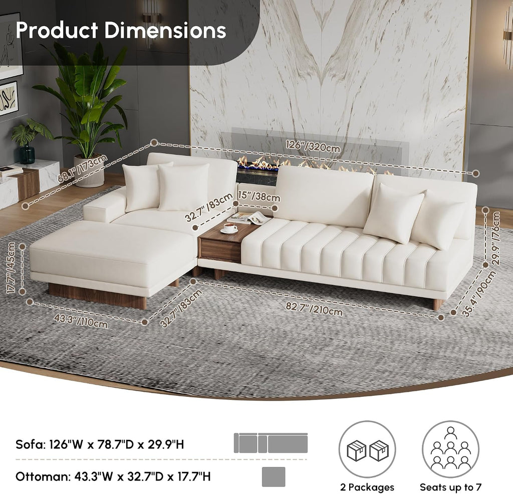 homary Leather Sectional Sofa – 126' Oversized L-Shaped Modular Couch with Storage Table & Ottoman, White Sofa for Modern Living Room or Family Space (Microfiber Leather, Ivory)