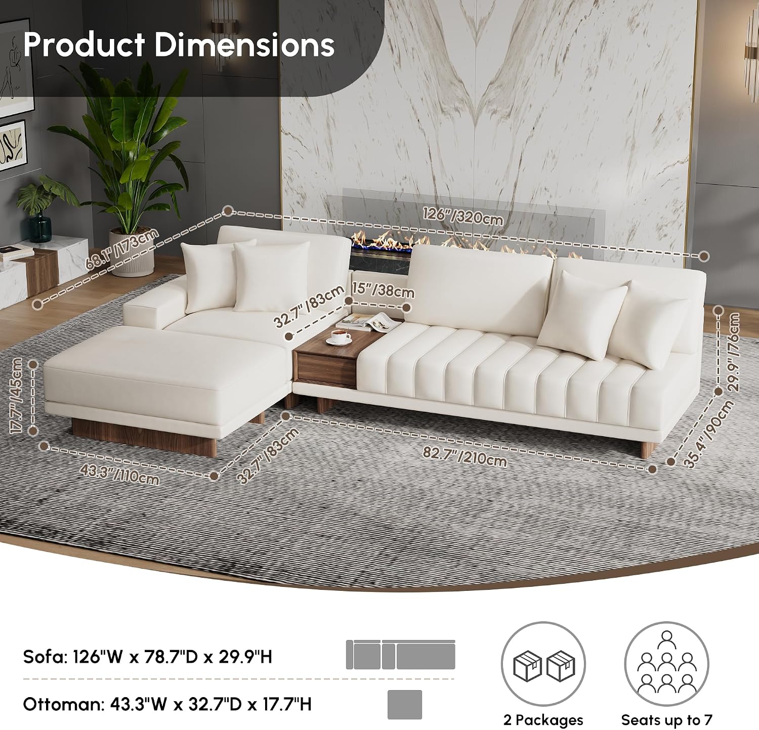 homary Leather Sectional Sofa – 126' Oversized L-Shaped Modular Couch with Storage Table & Ottoman, White Sofa for Modern Living Room or Family Space (Microfiber Leather, Ivory)
