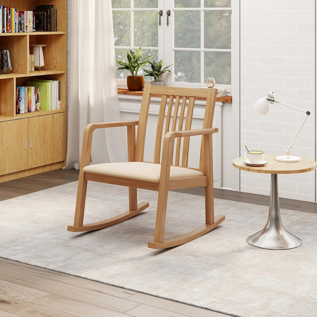 Giantex Rocking Chair with Cushioned Seat, Indoor Solid Rubber Wood Rocker Chair w/Slatted Back & Curved Armrests, Wooden Accent Armchair for Living Room, Bedroom, Study, Porch (2,Natural + Beige)