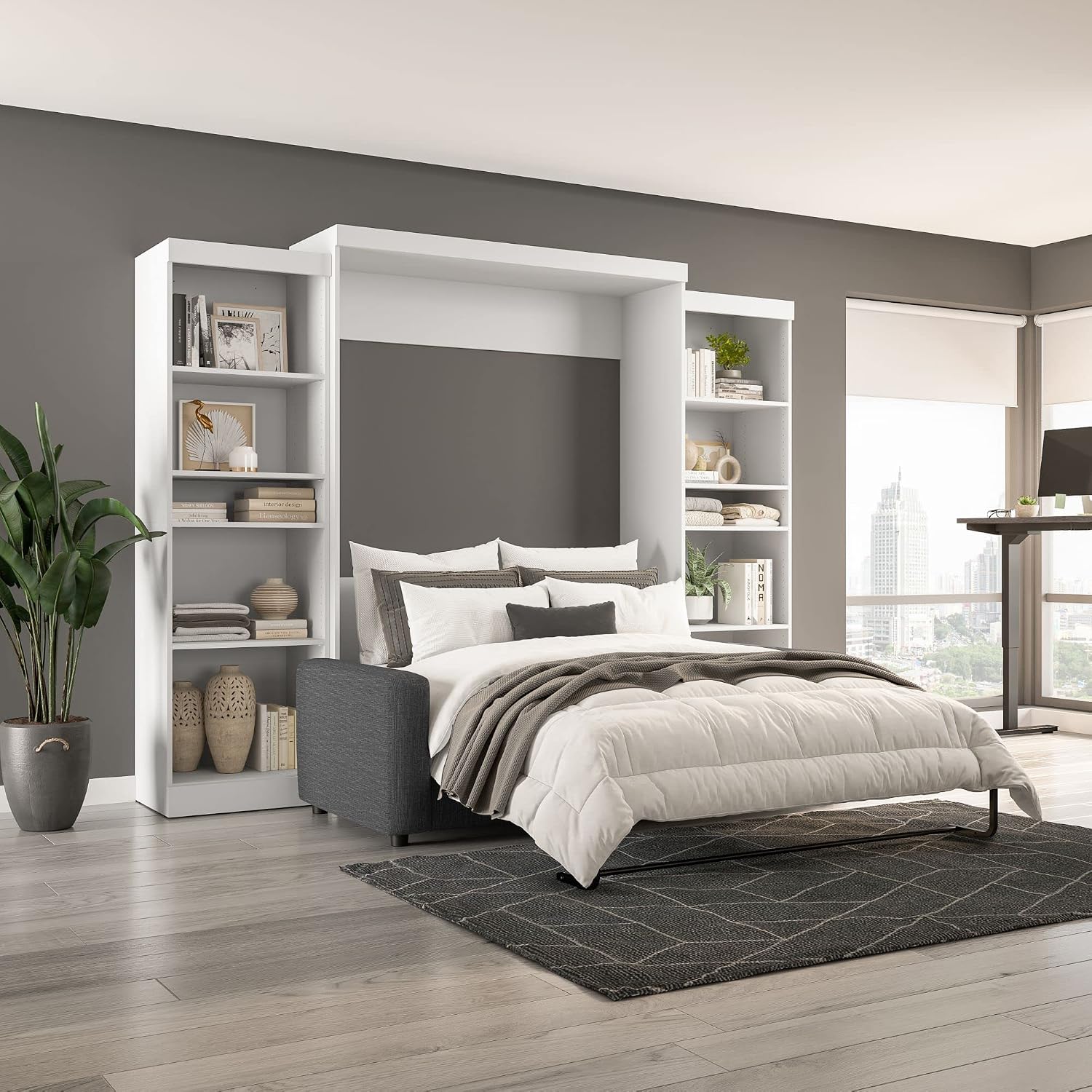 Bestar Pur Queen Murphy Bed with Sofa and Shelving Units, 115-inch Space-Saving Wall Bed