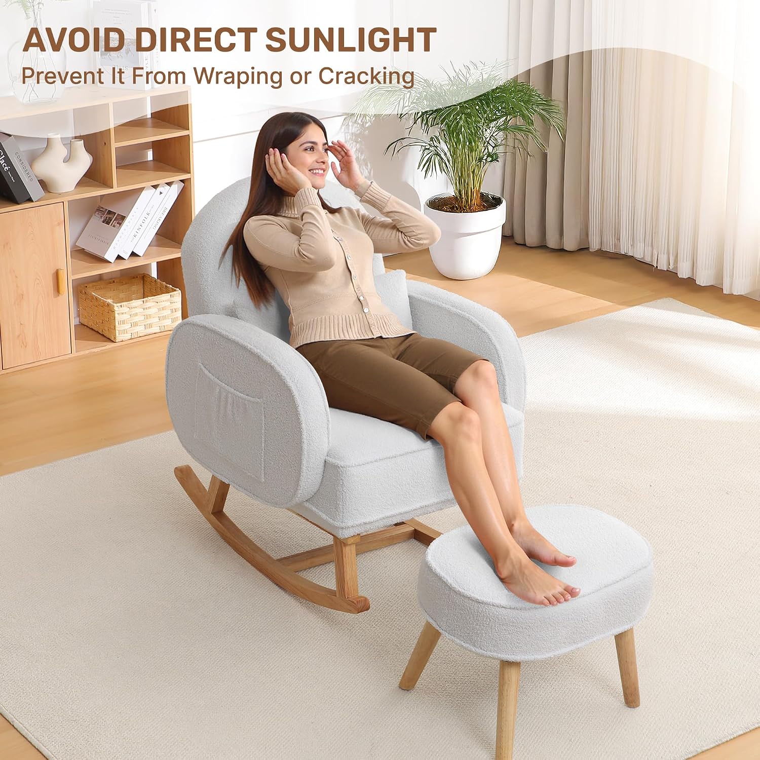 HCHAIRH Rocking Chair Nursery with Ottoman Footrest, Upholstered Glider Rocker with High Backrest and Side Pocket, Rocking Accent Armchair with Solid Wood Legs for Nursery, Living Room, Bedroom White