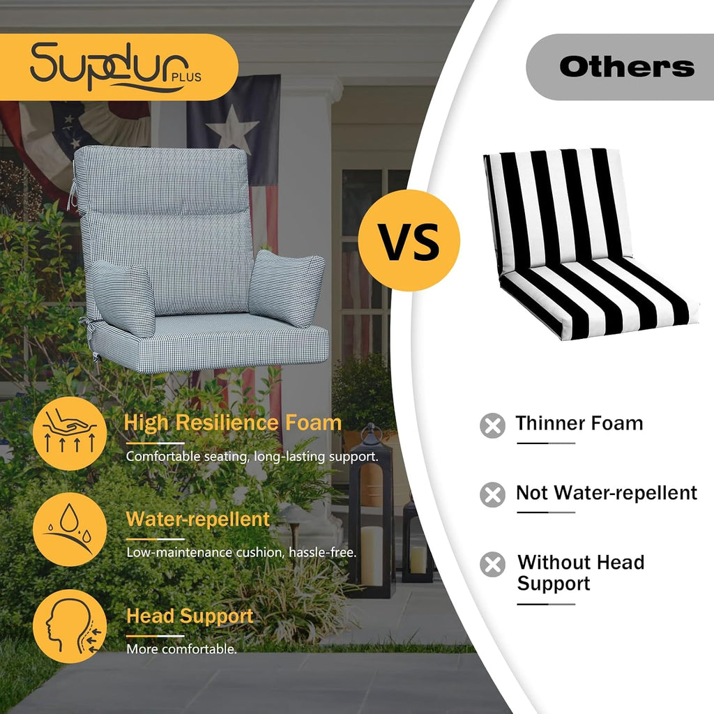 Outdoor High Back Chair Cushion, 2 Pack 48 x 24 inches Patio Chair Cushions Water Repellent Rocking Cushions Indoor Furniture Seat Pad with 2 Pillows, Black White Mini Check