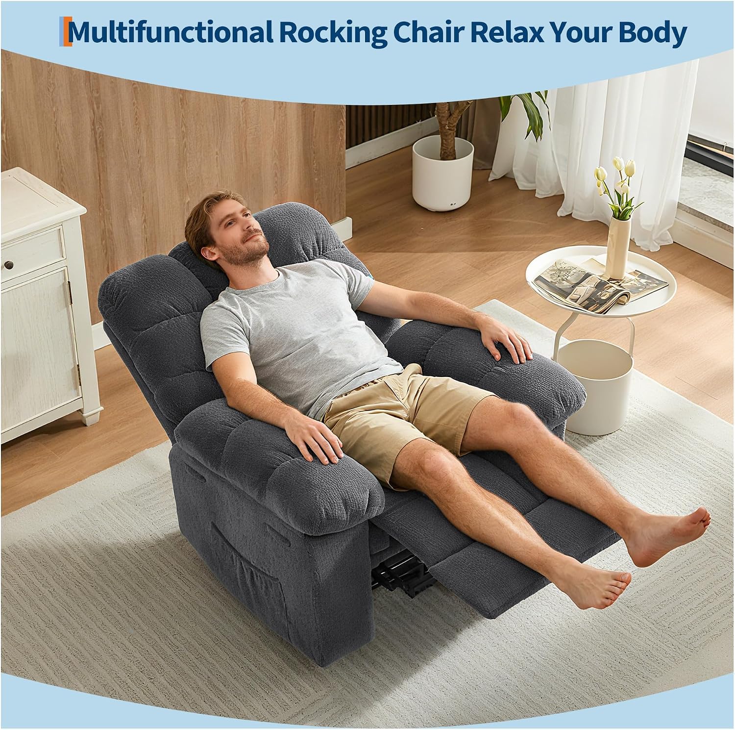 Manual Recliner Chair, Oversized Recliner for Adults with Extra Wide Arm and Back, Lazy Boy Recliner with Side Pockets, Comfy Breathable Fabric Large Nursery Rocking Chair for Living Room Bedroom
