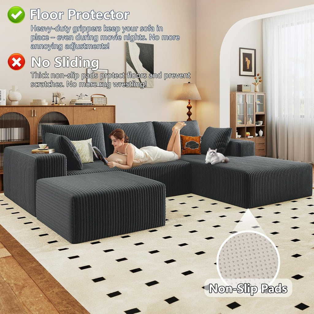 96' Modular Sectional Sofa with Ottoman, Modern Corduroy Cloud Couch with Deep Seat, Boneless Couch Upholstered 3-Seater U-Shaped Sofa for Living Room, No Assembly (Grey, Right-Facing Chaise)