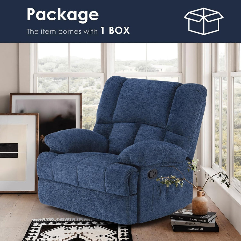 Oversized Rocker Recliner Chair, Wide Rocker Chair with Adjustable Backrest Footrest, Oversized Recliner for Adults, Reclining Sofa for Living Room, Blue