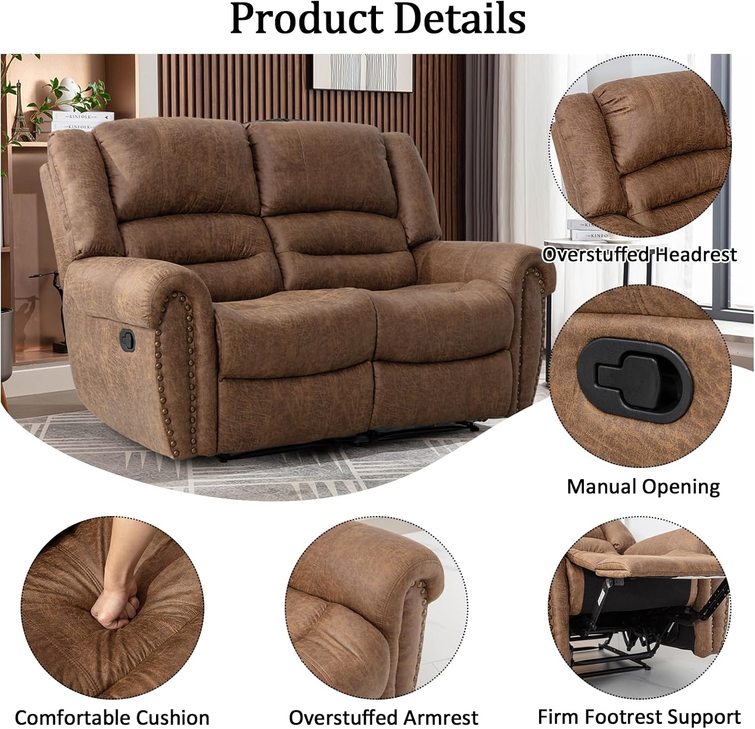CANMOV Faux Leather Manual Recliner Sofa Set, 2 Recliner Chair and a Loveseat Sofa for Living Room,Bedroom Furniture, Office, Nut Brown