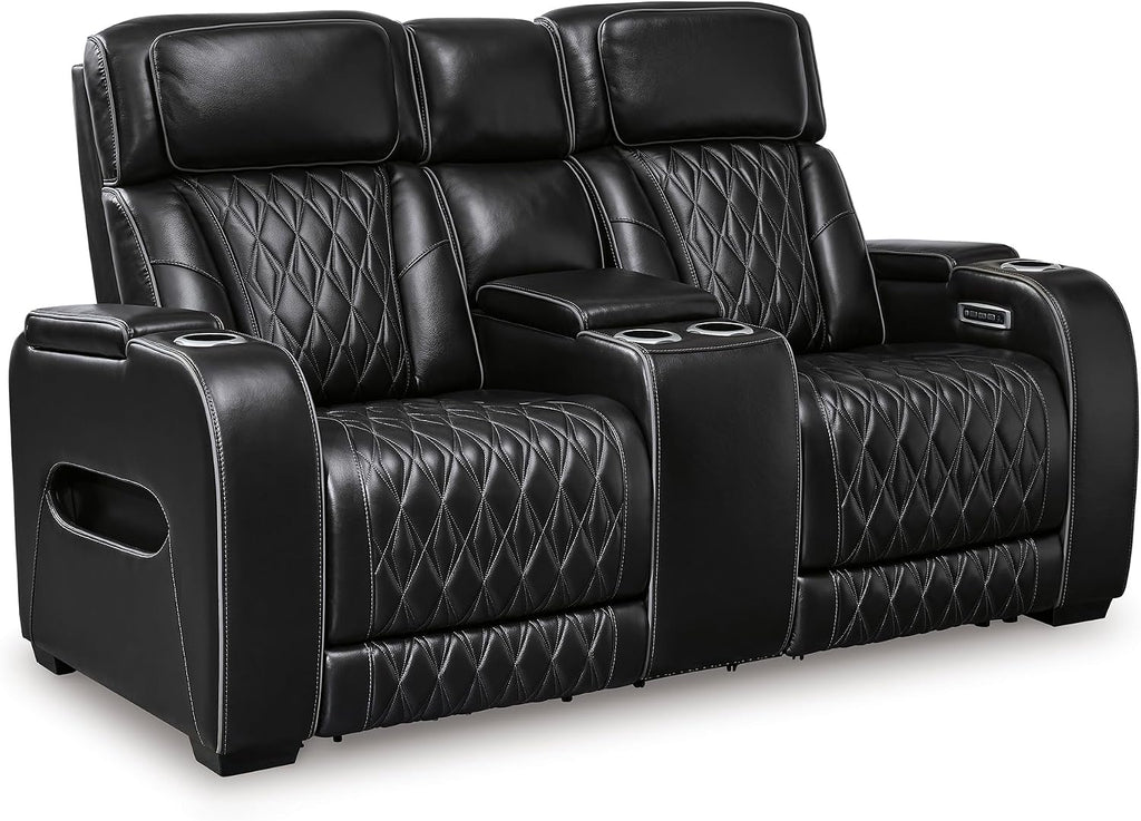 Signature Design by Ashley Boyington Modern Leather Match Power Reclining Loveseat with Console, Adjustable Headrest, Massage, Heated Seat and LED Lights, Black