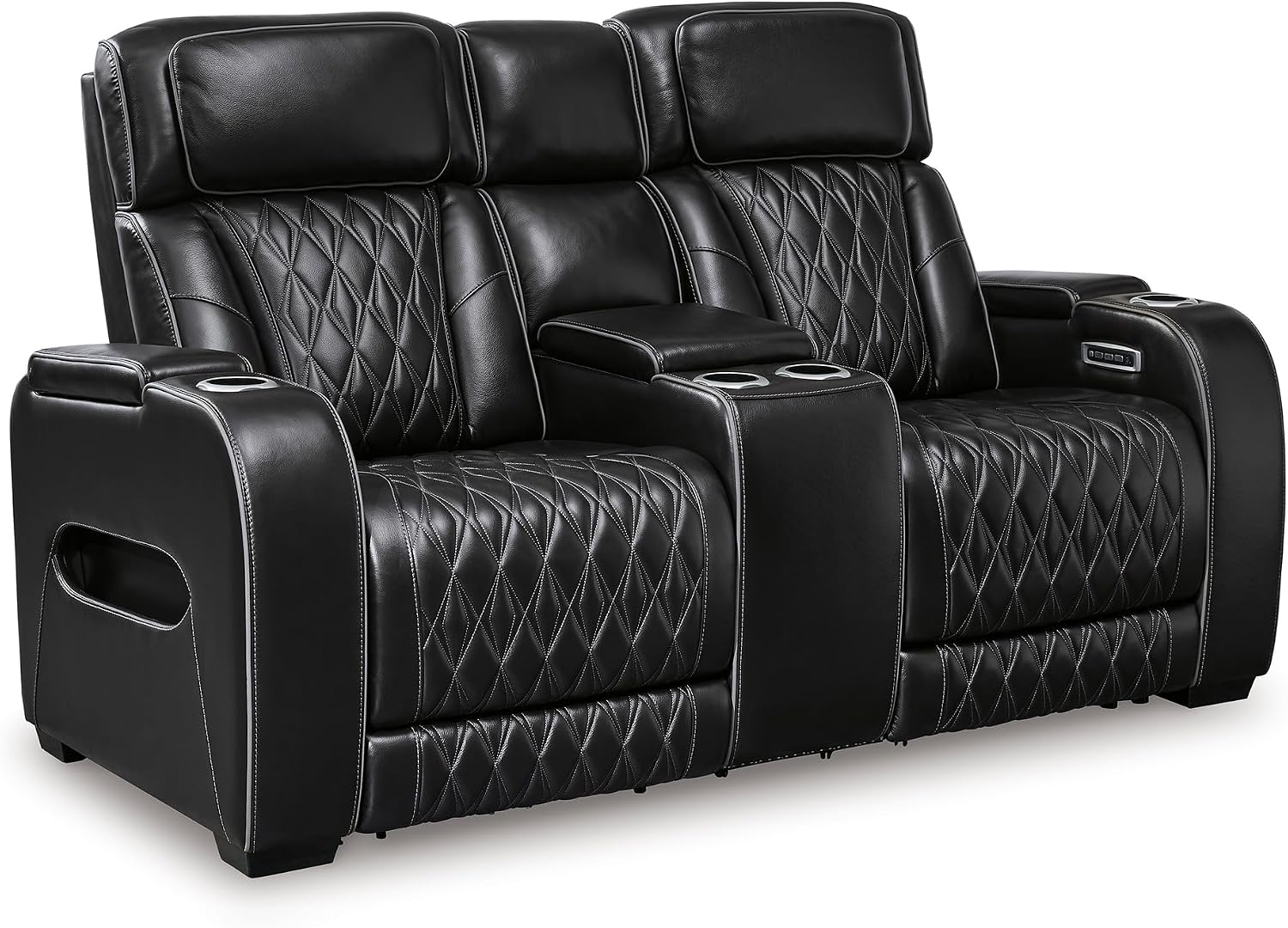 Signature Design by Ashley Boyington Modern Leather Match Power Reclining Loveseat with Console, Adjustable Headrest, Massage, Heated Seat and LED Lights, Black