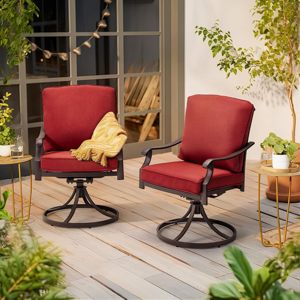MELLCOM Patio Swivel Chair Set of 4, Heavy Duty Outdoor Dining Chairs with Thickened Cushions, Metal Patio Chairs Gentle Rocker for Outside, Garden Lawn & Porch, Backyard, Red