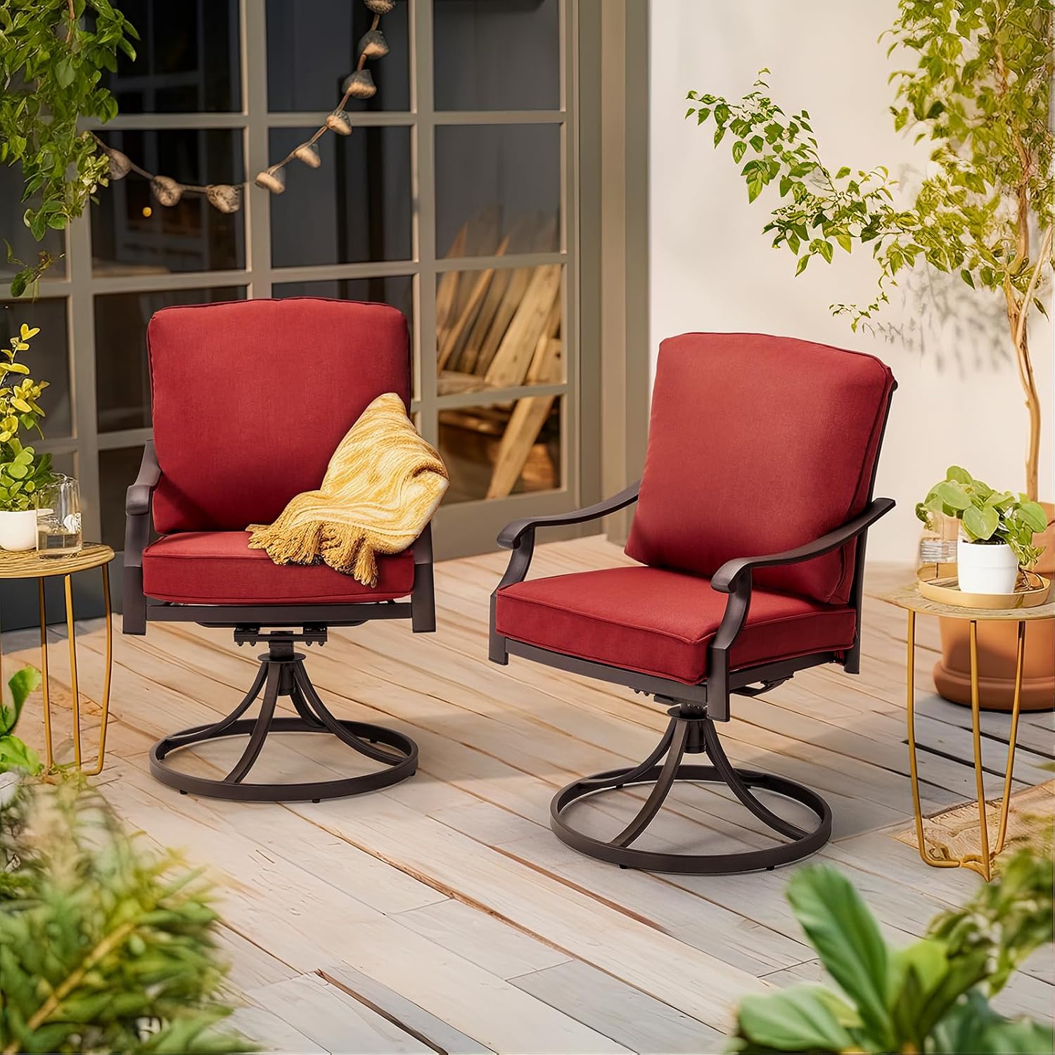 MELLCOM Patio Swivel Chair Set of 4, Heavy Duty Outdoor Dining Chairs with Thickened Cushions, Metal Patio Chairs Gentle Rocker for Outside, Garden Lawn & Porch, Backyard, Red