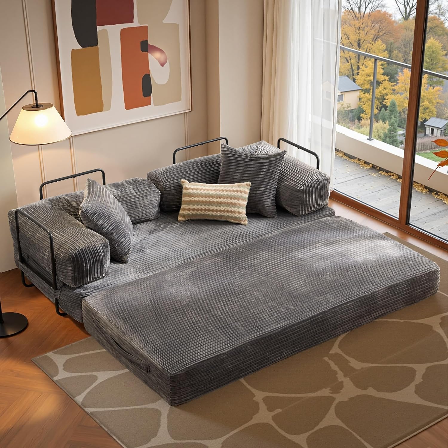 81″ Convertible Sleeper Sofa Bed with Pillows, Corduroy Foldable Mattress Couch with Fixed-Shape Frame, Futon Sofa Bed, Boneless Couch for Living Room Bedroom Lounge Studio, Gray