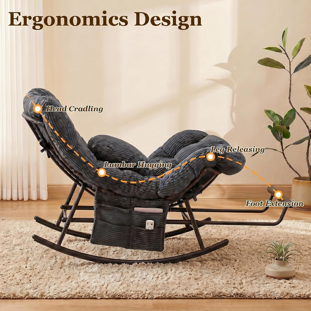 Rocking Chair Indoor & Outdoor, Oversized Patio Papasan Recliner Chair with Footstool Pillow & Side Pocket for Bedroom, Living Room, Garden, Balcony, Lawn (Dark Grey)