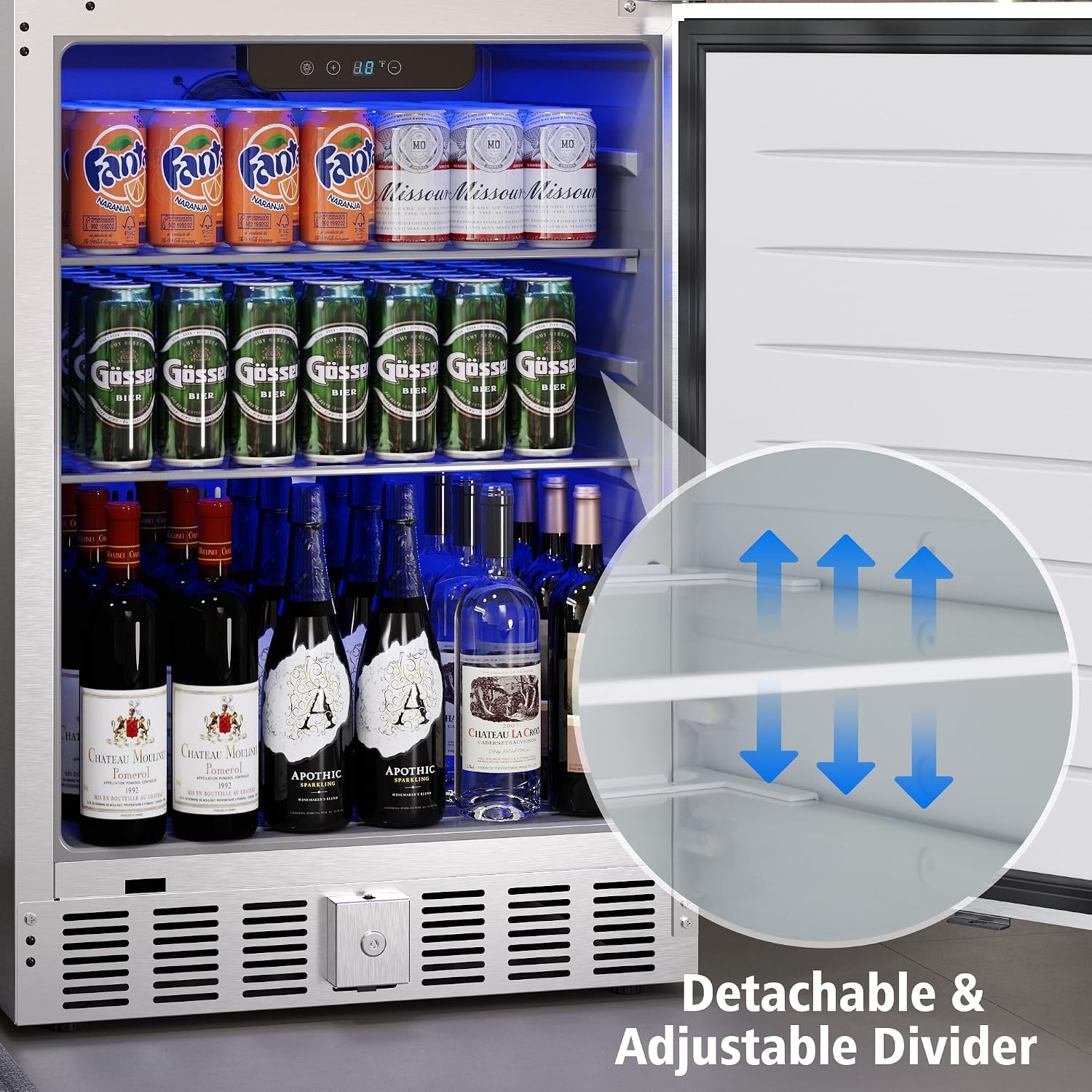 SUNVIVI Outdoor & Indoor Beverage Refrigerator, 24 Inch Stainless Steel Under Counter Drink Fridge, Silver Weatherproof Can Cooler Wine Chiller with Lock for Kitchen, Office, Patio, Bar, Home