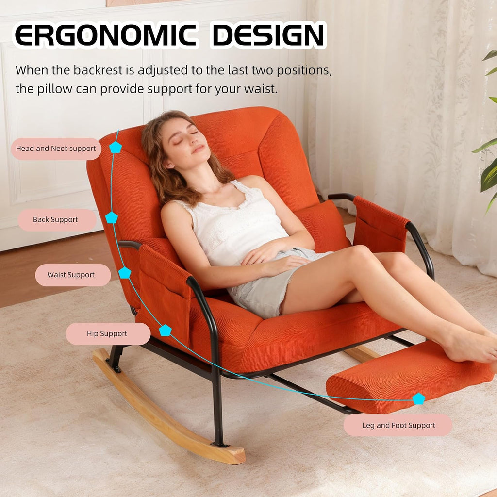 Oversized Rocking Chair, Extra-Wide Glider Patio Rocker Chairs with Foot Rest, Padded Cushion, Adjustable Backrest, Mental Wooden Farm, Indoor/Outdoor Living Room Bedroom Balcony Porch, Orange
