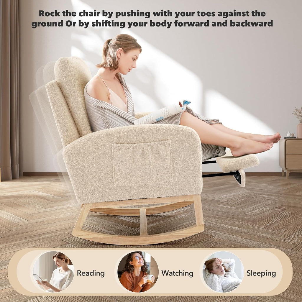 Rocking Chair Nursery Chairs with Foot Rest, Recliner Armchair with High Backrest& Wood Legs and Side Pocket for Living Room,Bedroom,Beige