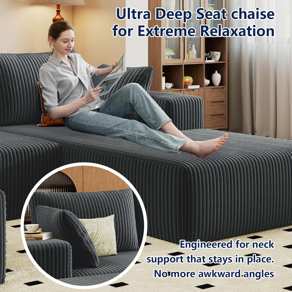 96' Modular Sectional Sofa with Ottoman, Modern Corduroy Cloud Couch with Deep Seat, Boneless Couch Upholstered 3-Seater U-Shaped Sofa for Living Room, No Assembly (Grey, Right-Facing Chaise)