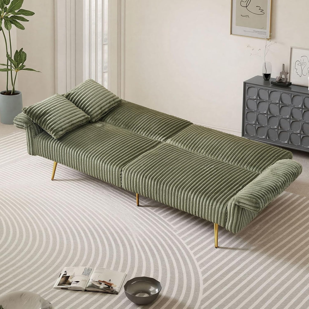 Rovibek Futon Sofa Bed, Convertible Futon Couch Bed with Adjustable Backrest, 2 Pillows, Corduroy Loveseat Futon for Small Spaces, Living Room, Apartment, Office, Green