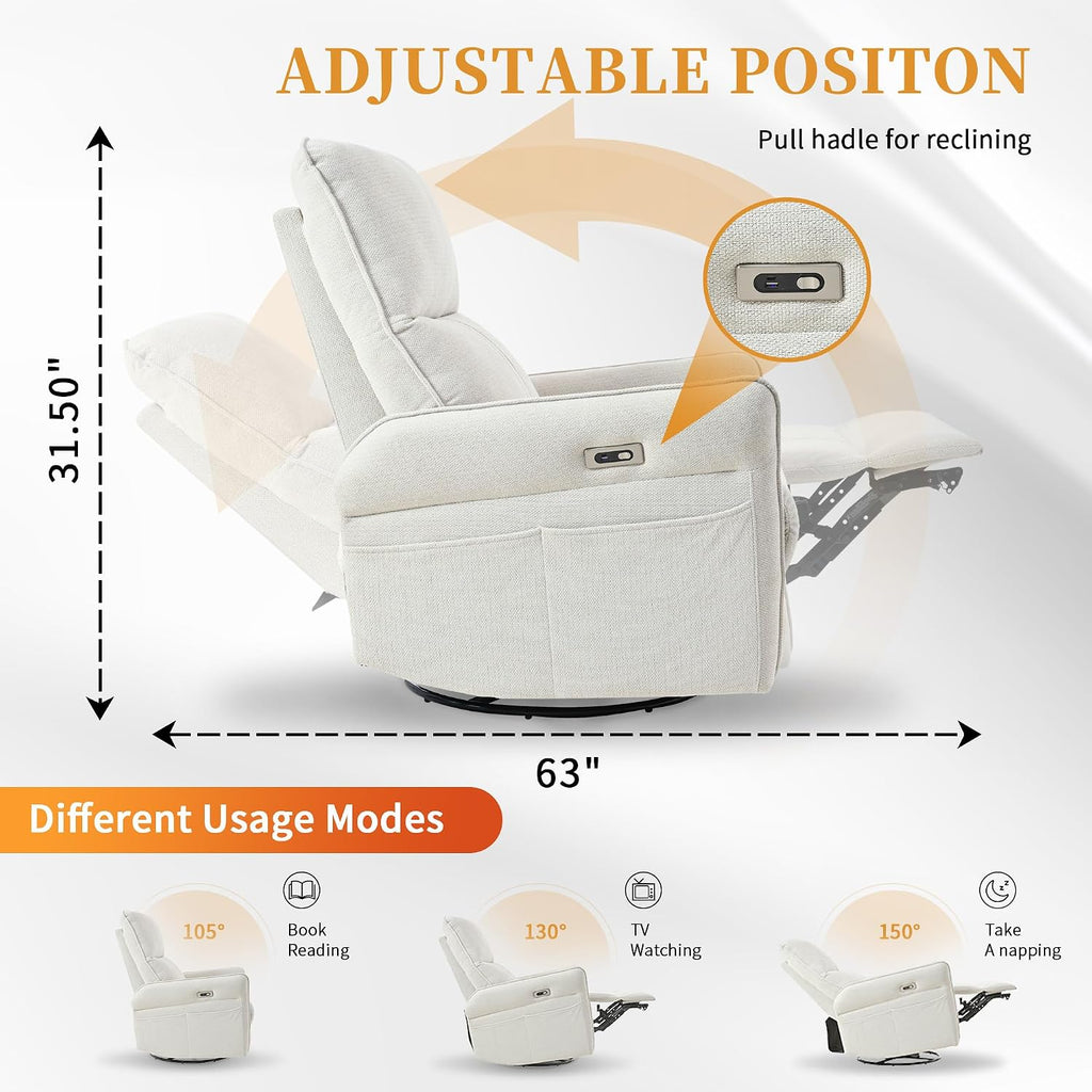 Power Swivel Rocker Recliner Chair for Nursery, Upholstered Snowflake Velvet 270°Swivel Glider Rocker Chair with USB Ports, Small Power Recliners for Small Spaces Living Room