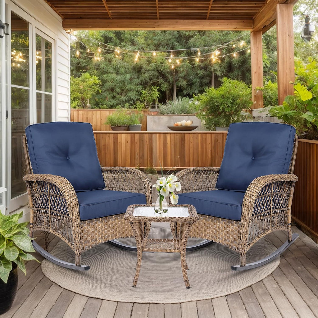 VIVIJASON 3-Piece Outdoor Conversation Bistro Set, Patio Wicker Rocking Chairs Rattan Furniture Sets w/ 2 Rattan Chairs, Cushions, Glass Top Side Table for Garden Porch Backyard (Navy Blue)