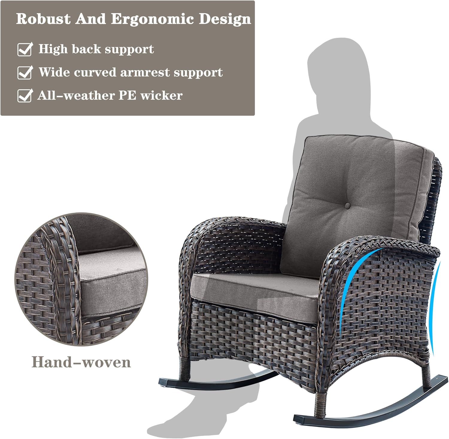 Belord Patio Rocking Chairs Furniture Set - 5 Piece Outdoor Wicker Furniture Sets with Ottomans, Small Patio Conversation Sets with Wicker Rocking Chairs Brown/Grey
