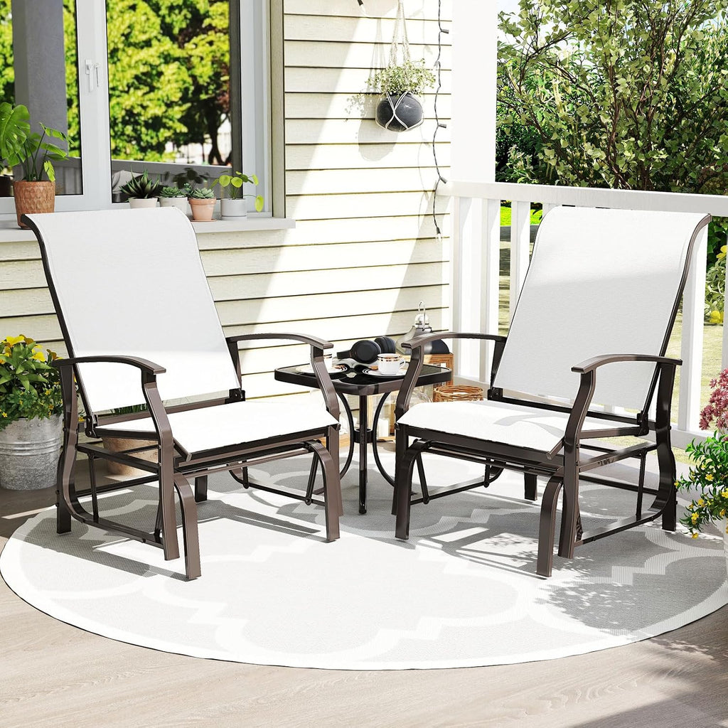 Tangkula Porch Gliders Set of 2, Outdoor Swing Glider Chairs with High Back, Breathable Mesh Fabric and Metal Frame, Patio Rocking Chairs for Backyard Garden Balcony Poolside (Off White)
