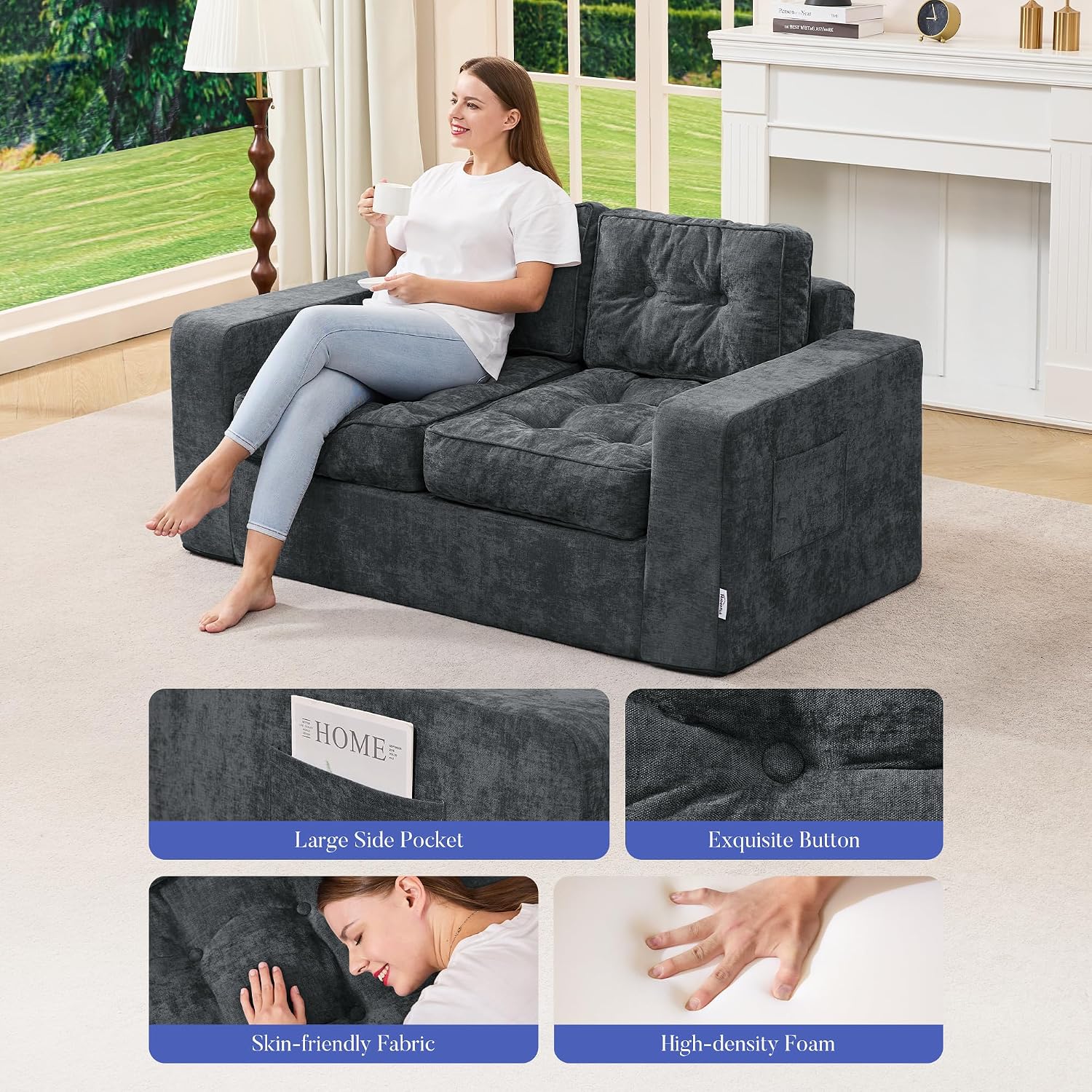 Hobestluk Sofa Couch Loveseat Sofa with Chenille Fabric 2-Seater Sofa for Small Spaces Comfortable Foam Floor Sofa 2 in 1 Boneless Couch for Living Room Bedroom (Blue Grey, Loveseat)