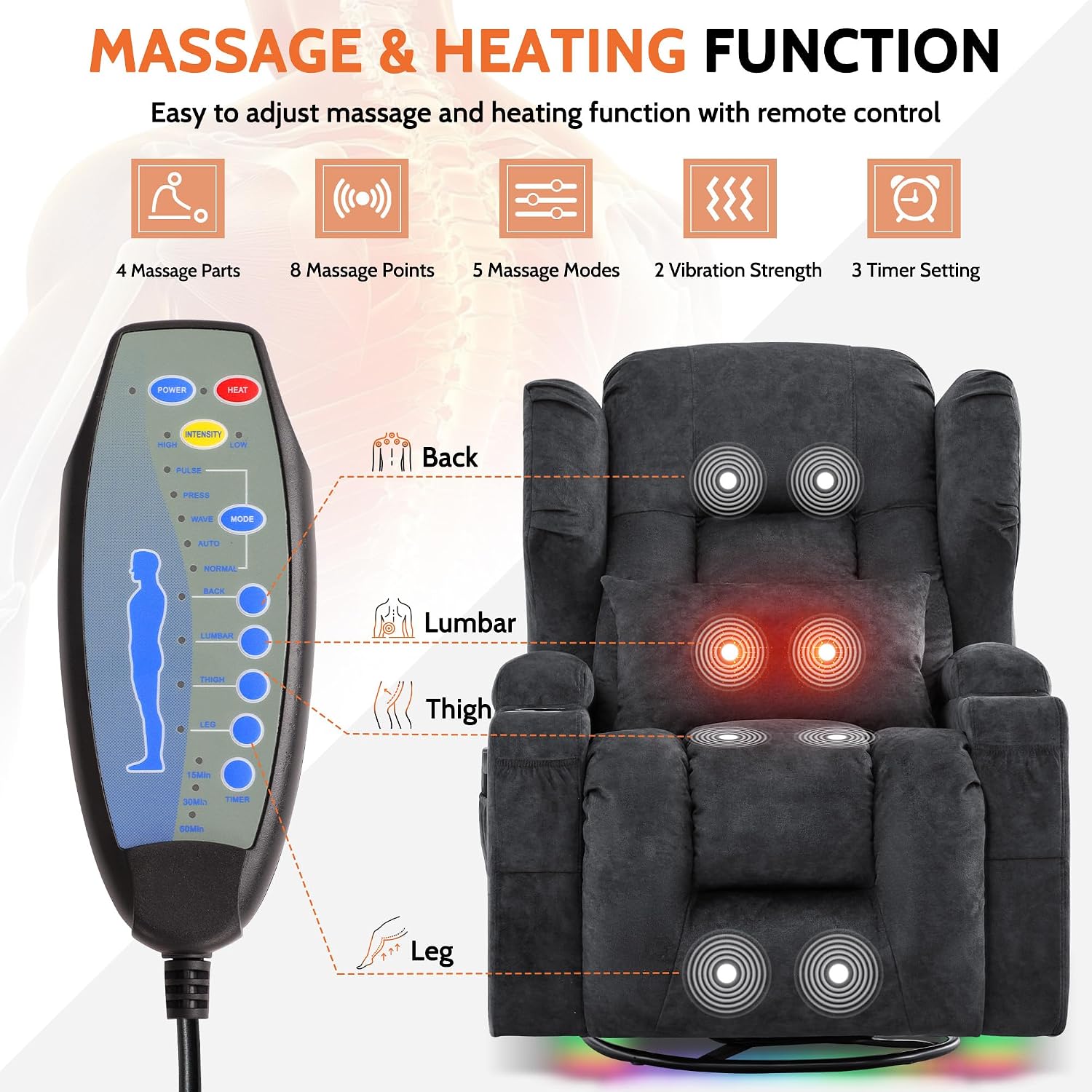 BINGTOO Dual Motor Power Swivel Rocker Recliner Chair with Massage & Heat, Electric Wall Hugger Glider Chair for Adults, Nursery with LED Lights, USB-C Ports & Cup Holders, Velvet Gray, 2 Chair