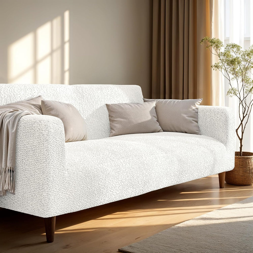 PAULATO BY GA.I.CO. Stretch Sofa Slipcover 1-Piece Elastic Couch Covers for 3-Seater & 4-Seater Sofa Loveseat Armchair Non-Slip Cover Machine Washable Protector – Crisp White (40'-63' Wide)
