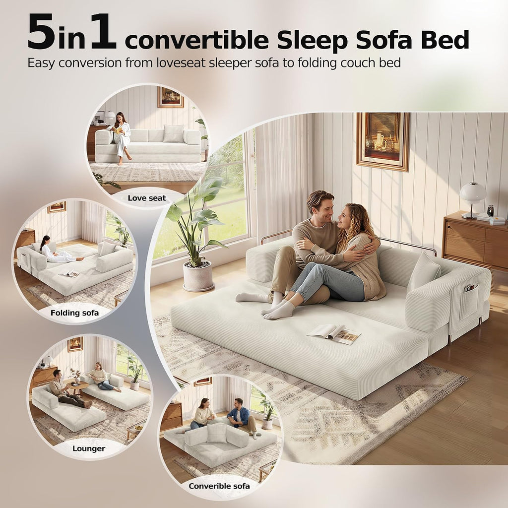 MoonSpeak 78.8''Sleeper Couch Bed for Livingroom,Convertible Modular Sofa with Armrest Pillow,Modular Foldable Corduroy Couches in a Box,No Assembly (White)