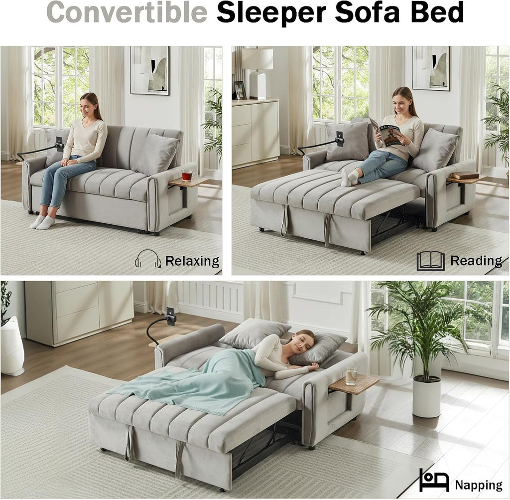 Convertible Sofa Bed, Pull Out Couch with 3-Position Reclining Backrest, Modern Velvet Upholstery Futon Sofa Bed, Loveseat Couch for Living Room, Apartments & Guest Rooms (Grey-2)