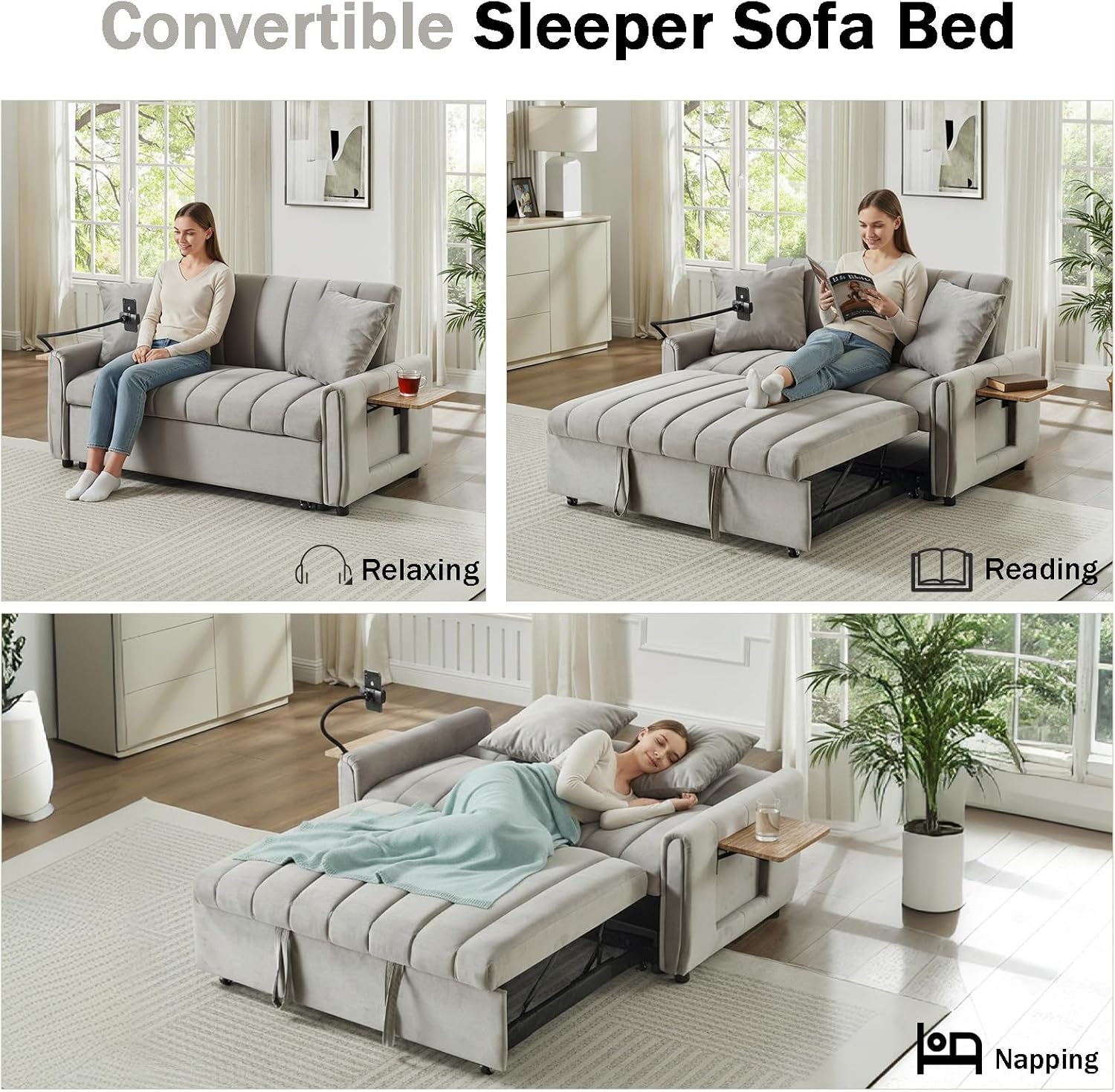 Convertible Sofa Bed, Pull Out Couch with 3-Position Reclining Backrest, Modern Velvet Upholstery Futon Sofa Bed, Loveseat Couch for Living Room, Apartments & Guest Rooms (Grey-2)