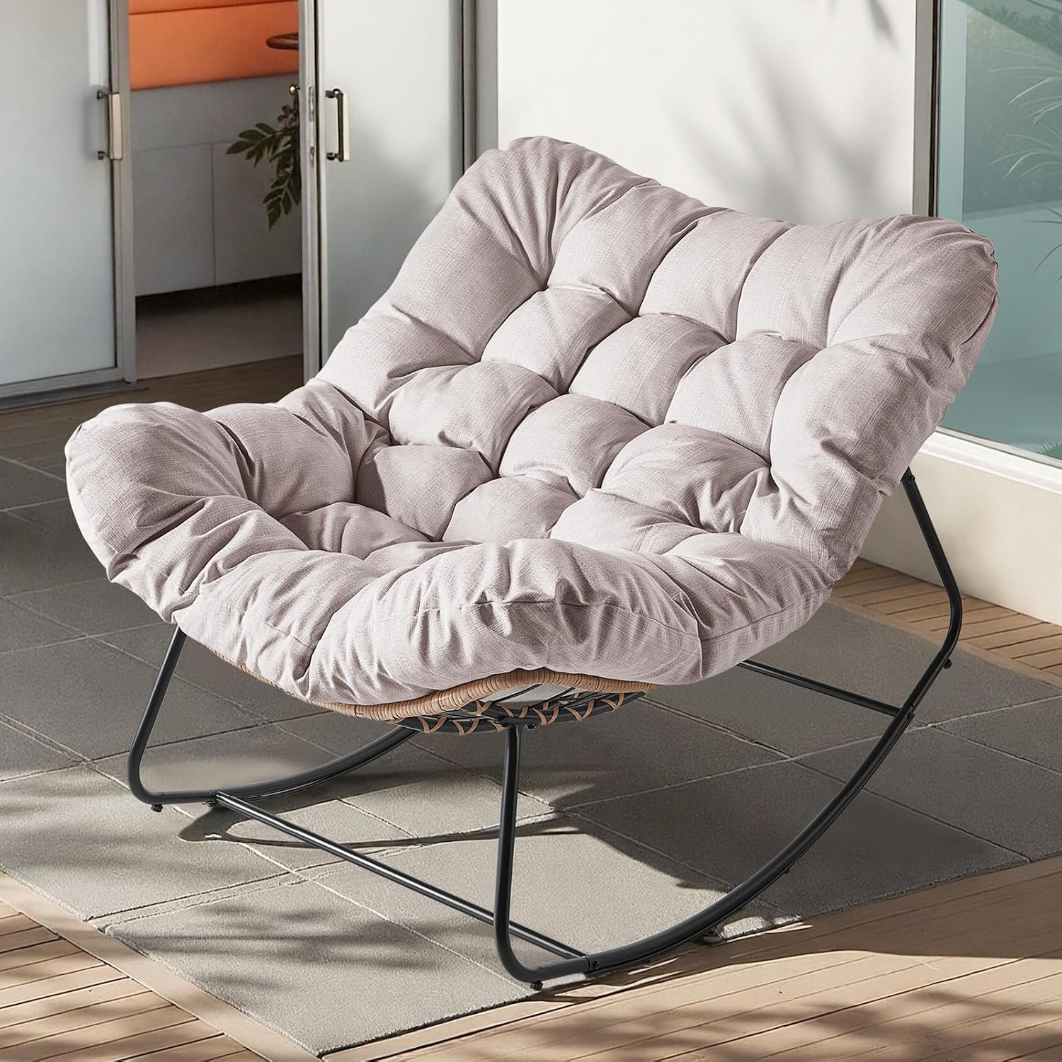 Outdoor Rocking Chair, Oversized Papasan Wicker Lounge Chair with Cushion, Relaxing Patio Rocker, Indoor Reading Egg Chair for Porch, Patio, Bedroom, Garden (Beige)