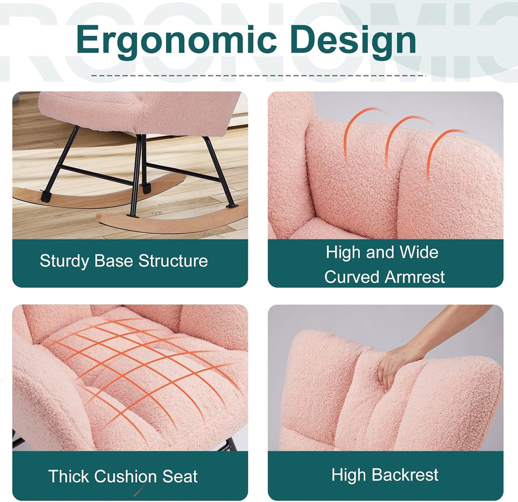 Rocking Chair Nursery, Teddy Upholstered Glider Rocker with High Backrest, Reading Chair Modern Rocking Accent Chairs Glider Recliner for Living Room, Nursery, Bedroom (Pink)