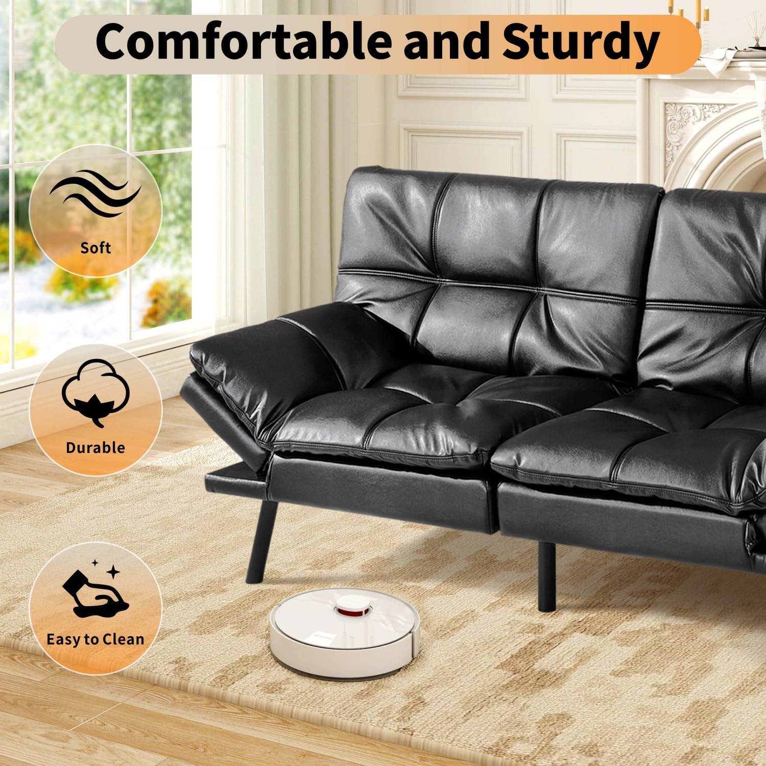 71' Futon Sofa Bed, Modern Convertible Loveseat Sleeper, Faux Leather Couch with Adjustable Back & Arms for Small Spaces, Office & Apartment - Ebony