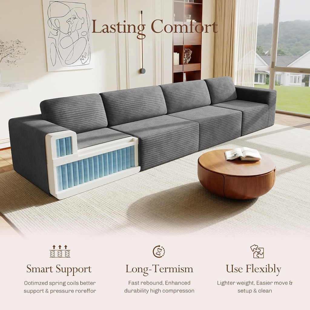 Vesgantti 159' Modular Sectional Sofa, Corduroy Cloud Couch with Extra Deep Seats & Spring Support, Flexible Layout 4-Seater Boneless Couch, No Assembly Required, Grey