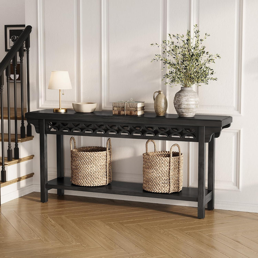 LITTLE TREE 70.87-Inch Long Console, Solid Wood Farmhouse Narrow Entryway Table with Shelf, Rustic Sofa Table for Living Room, Hallway, Black