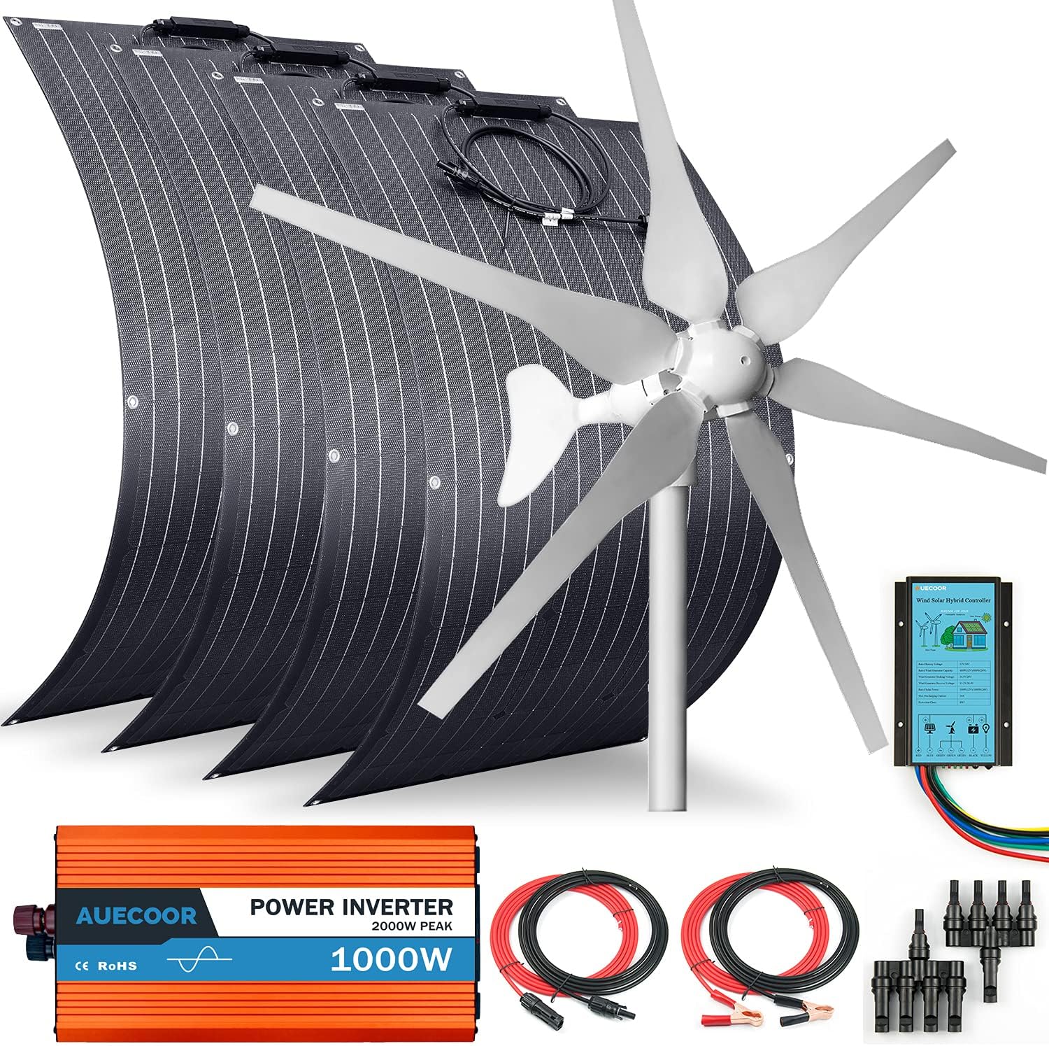 800 Watts 12 Volts Solar Panel Wind Turbine Hybrid System Kit: 4 pcs 100W ETFE Flexible Monocrystalline Solar Panel+400W Wind Turbine+1000W Inverter + Accessories,for Curvy Surface,Roofs,RV