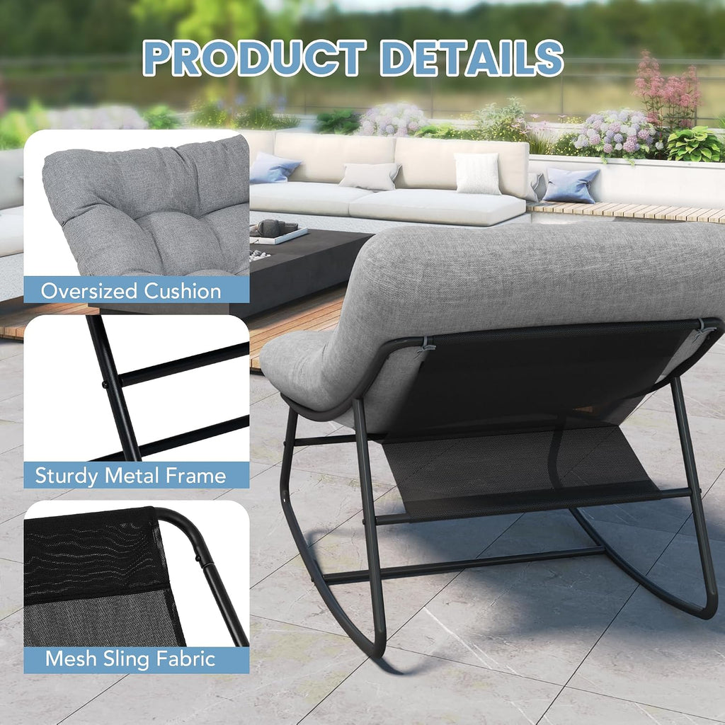 DHMAKER Oversized Outdoor Rocking Chair with Foot Rest, Papasan Rocking Chair with Thick Cushion,Modern Lounge Rocker for Patio Porch Garden Balcony, Indoor