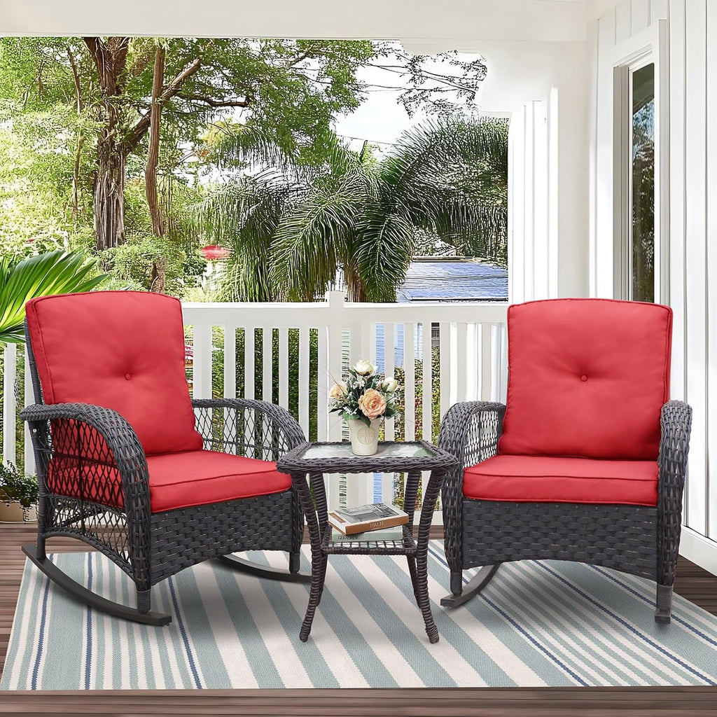 Skypatio Outdoor Wicker Rocking Chairs Set of 2 and Coffee Table, 3 Pieces Patio Bistro Furniture Set with Comfortable Cushions for Balcony, Porch, Backyard, Deck(Red)