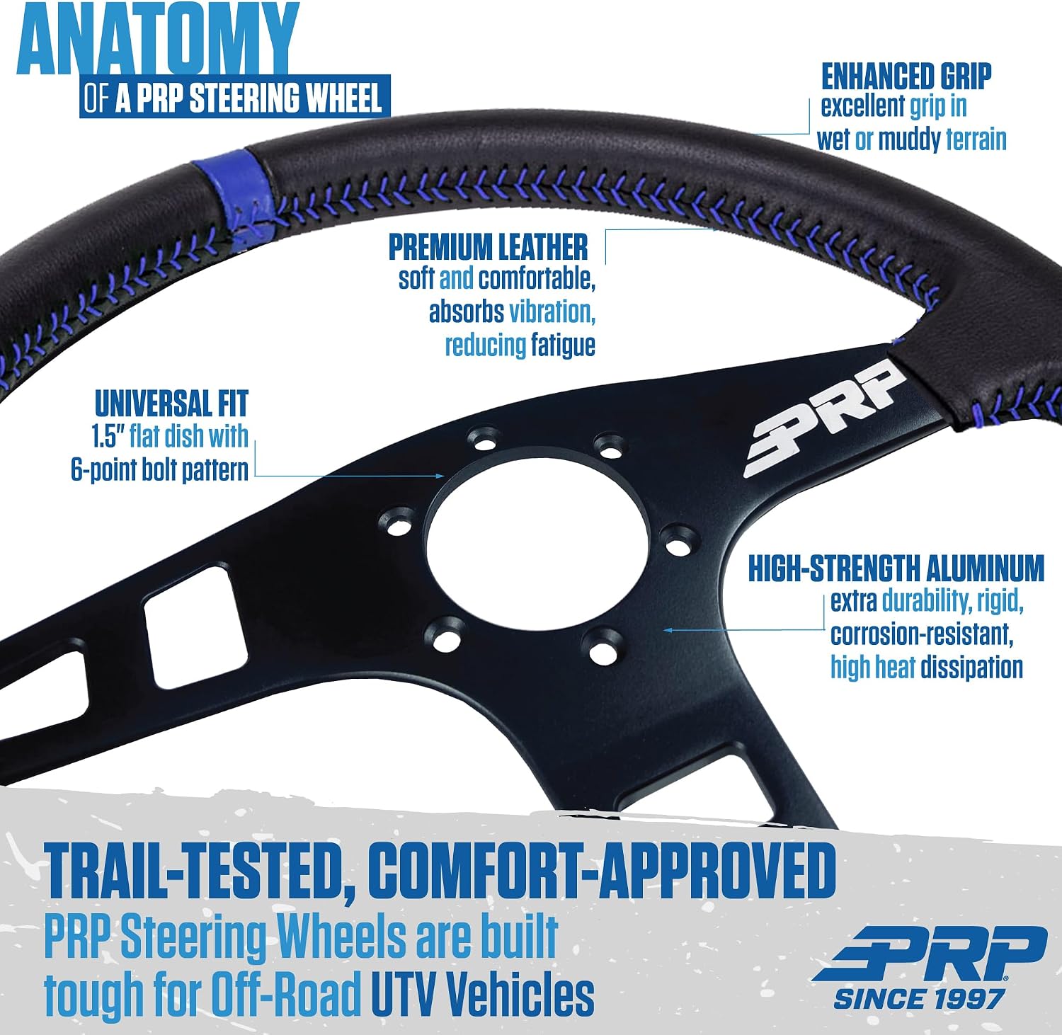 PRP Seats Flat Leather Grip Steering Wheel for Off-Road Racing, High-Strength Aluminum, Matte Blac