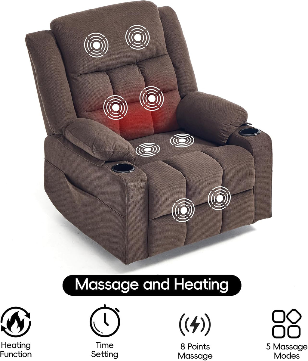 Swivel Rocker Recliner Chair with Massage and Heating,Cup Holders,Glider Recliner for Adults,Soft Fabric Living Room Nursing Reclining Sofa Chair