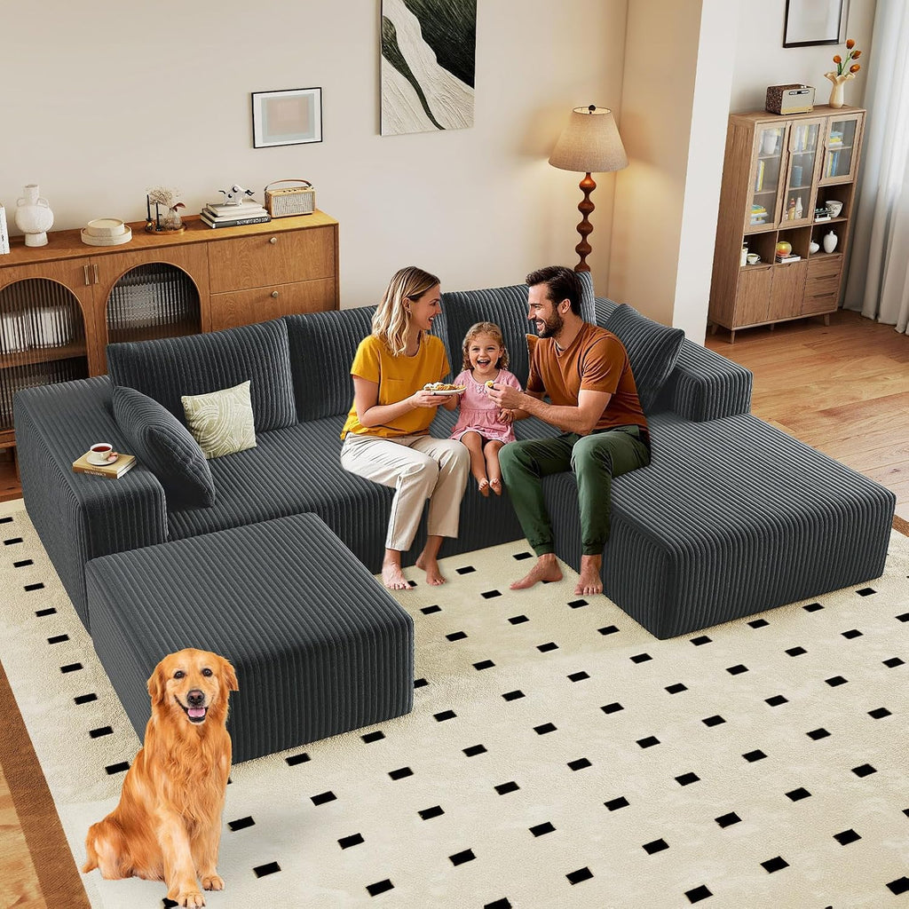 96' Modular Sectional Sofa with Ottoman, Modern Corduroy Cloud Couch with Deep Seat, Boneless Couch Upholstered 3-Seater U-Shaped Sofa for Living Room, No Assembly (Grey, Right-Facing Chaise)