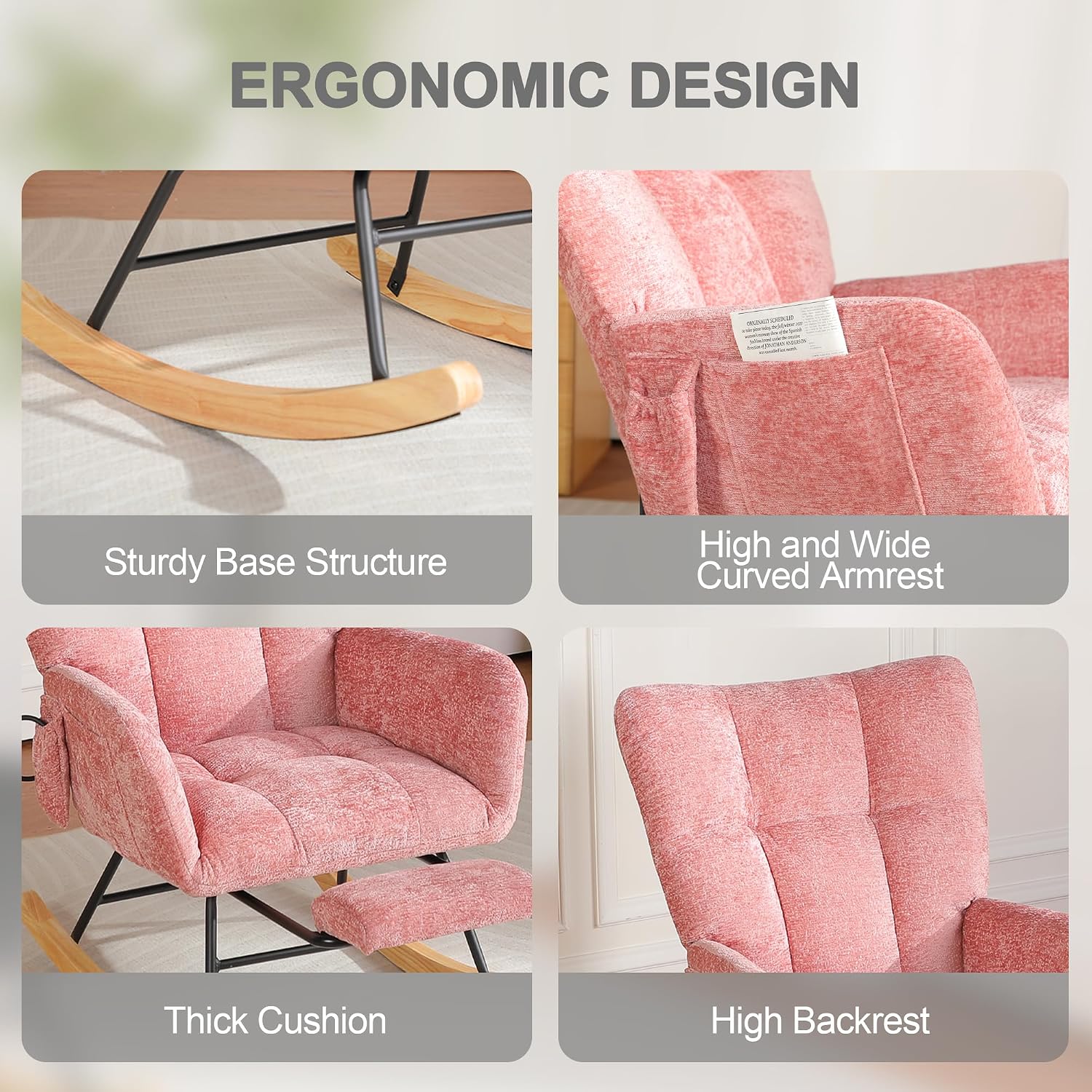 Rocking Chair Nursery with Airbag, Comfy Modern Nursery Rocking Reading Chair Indoor with Footrest, Cozy Upholstered Glider Rocker Chairs for Living Room Bedroom Offices(Chenille, Pink)