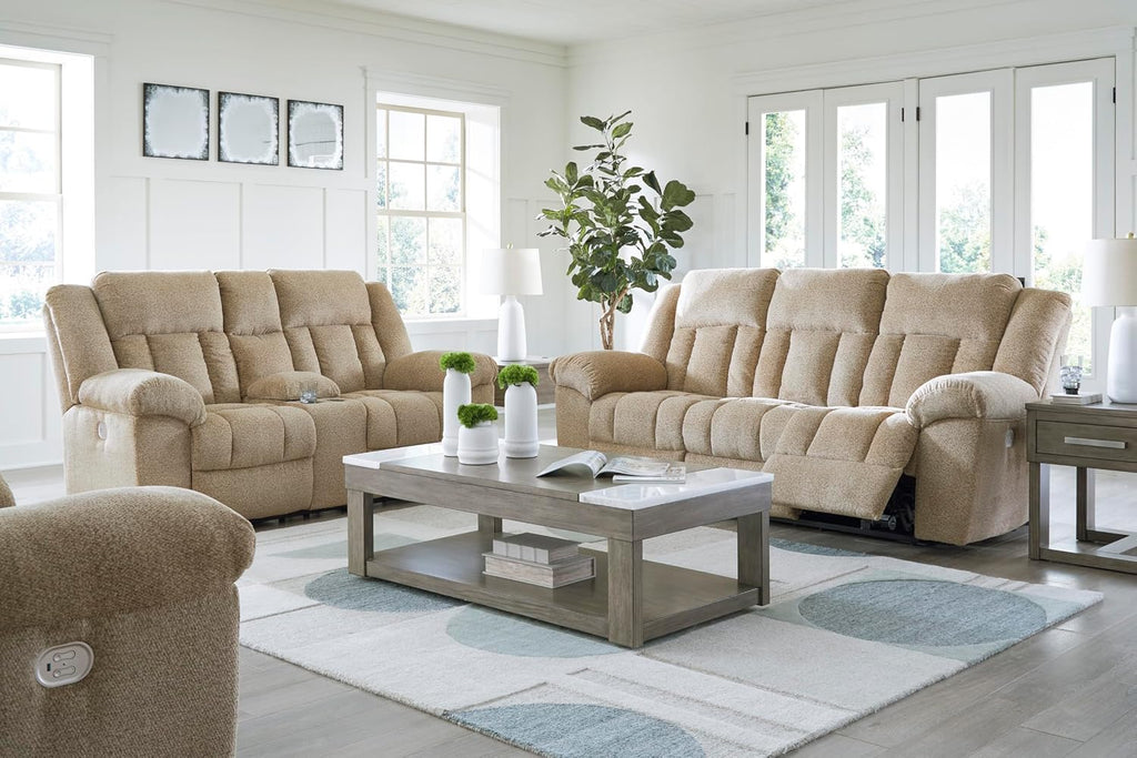 Signature Design by Ashley Tip-Off Classic Wall Hugger Power Reclining Loveseat with Adjustable Headrest, USB Ports, Storage and Cup Holders, Light Brown
