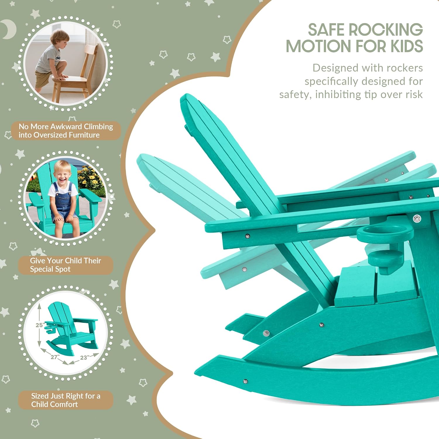 WestinTrends Malibu Outdoor HDPE Plastic Preschool Toddler Classic Adirondack Rocking Chairs (Set of 2), Turquoise