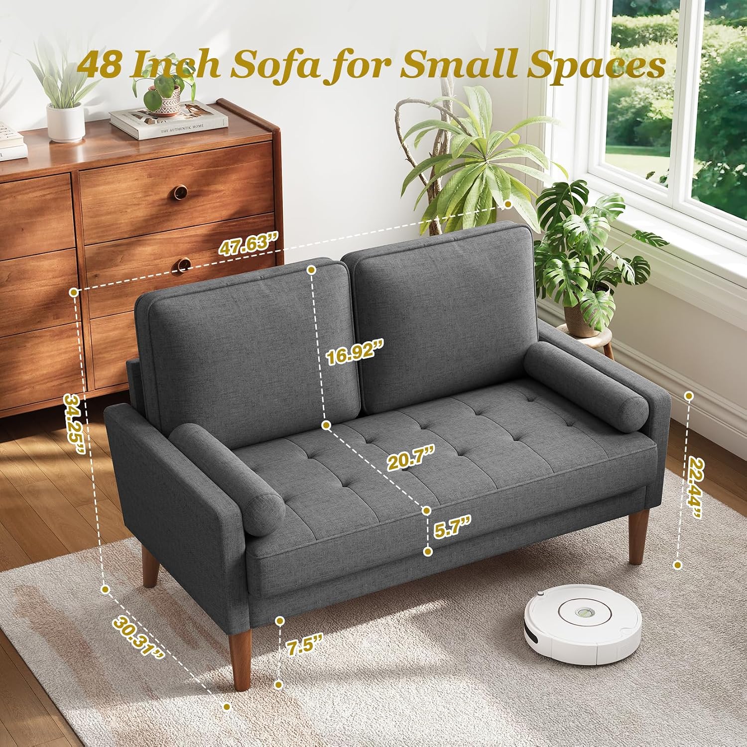 Vesgantti Loveseat Sofa with Solid Wood Legs, 48' Small Couches for Small Spaces, Love Seat for Living Room, Bedroom, Easy Assembly Mid Century Modern Couch with Throw Pillow for Apartment, Grey