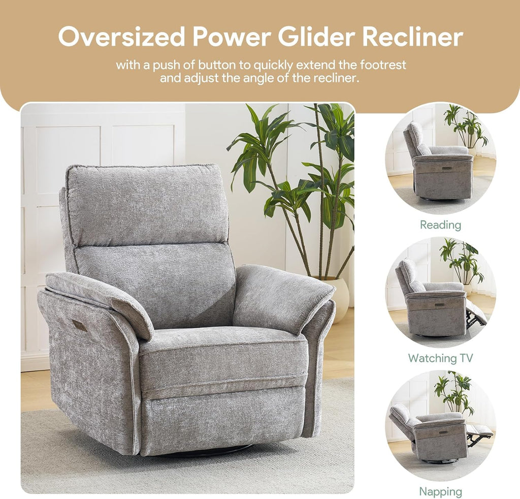 Oversized Rocking Chair Nursery with Massage and Heat, Glider Recliner Nursery Chair with Adjustable Headrest, Power Swivel Rocker Recliner Chair with USB Port, Light Grey